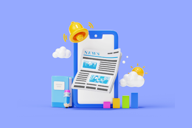 Smartphone with newspaper, bell, clouds, and charts, on a blue background.