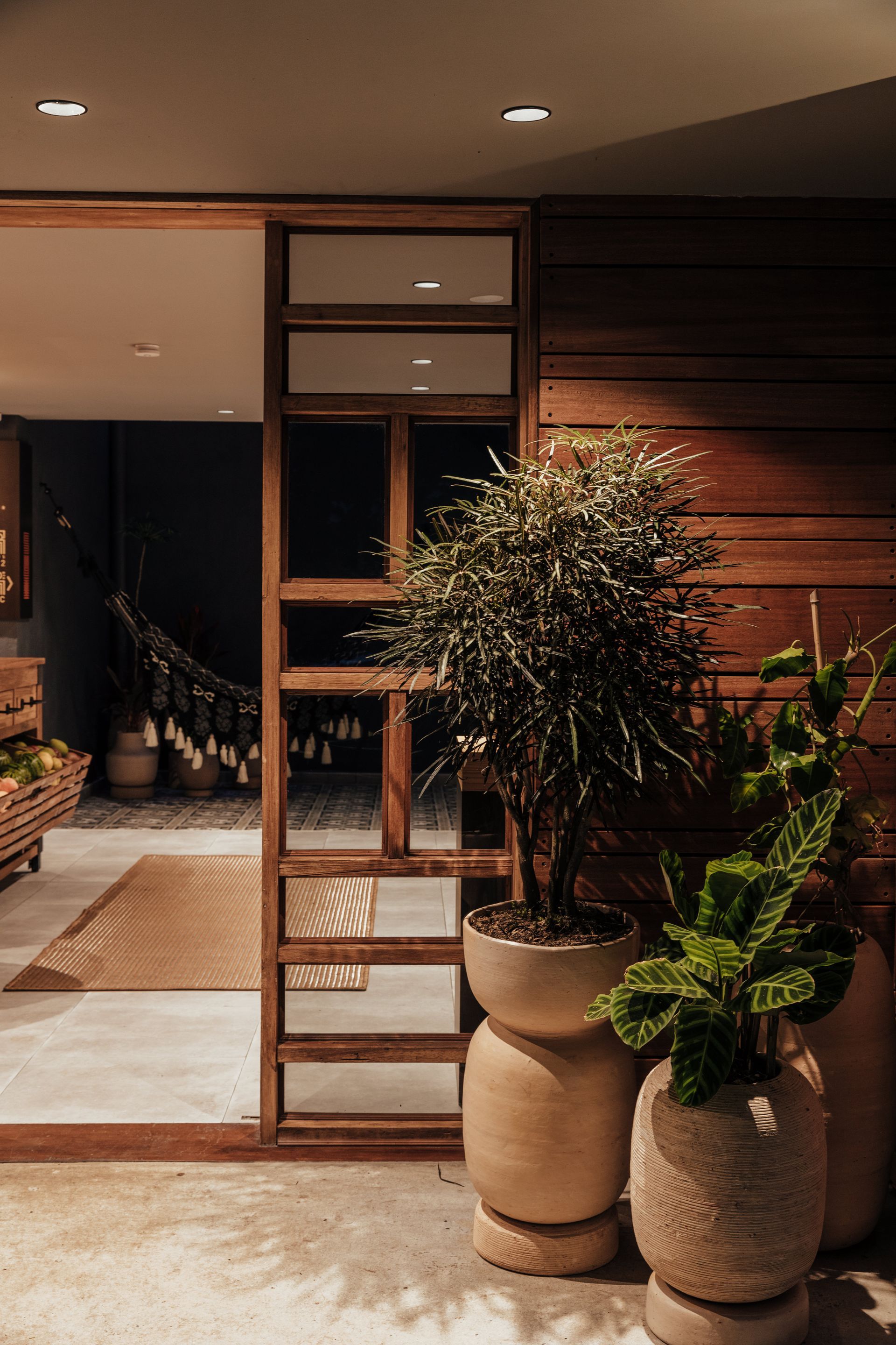 Una habitación con una puerta corrediza de vidrio y plantas en macetas frente a ella.