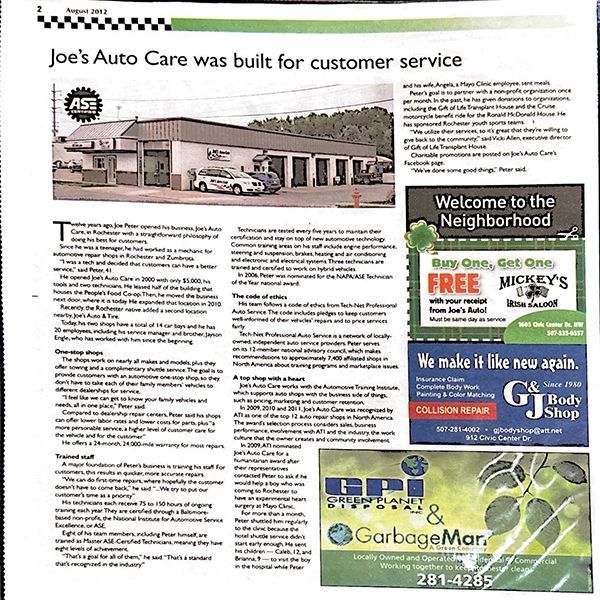 Article about Joe's Auto Care, showing the shop's exterior and advertisements from other businesses. | Joe's Auto and Tire