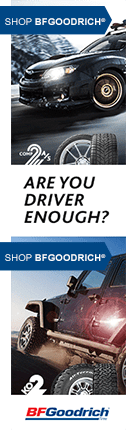 Ad for BFGoodrich tires, featuring a car and Jeep. Text: 