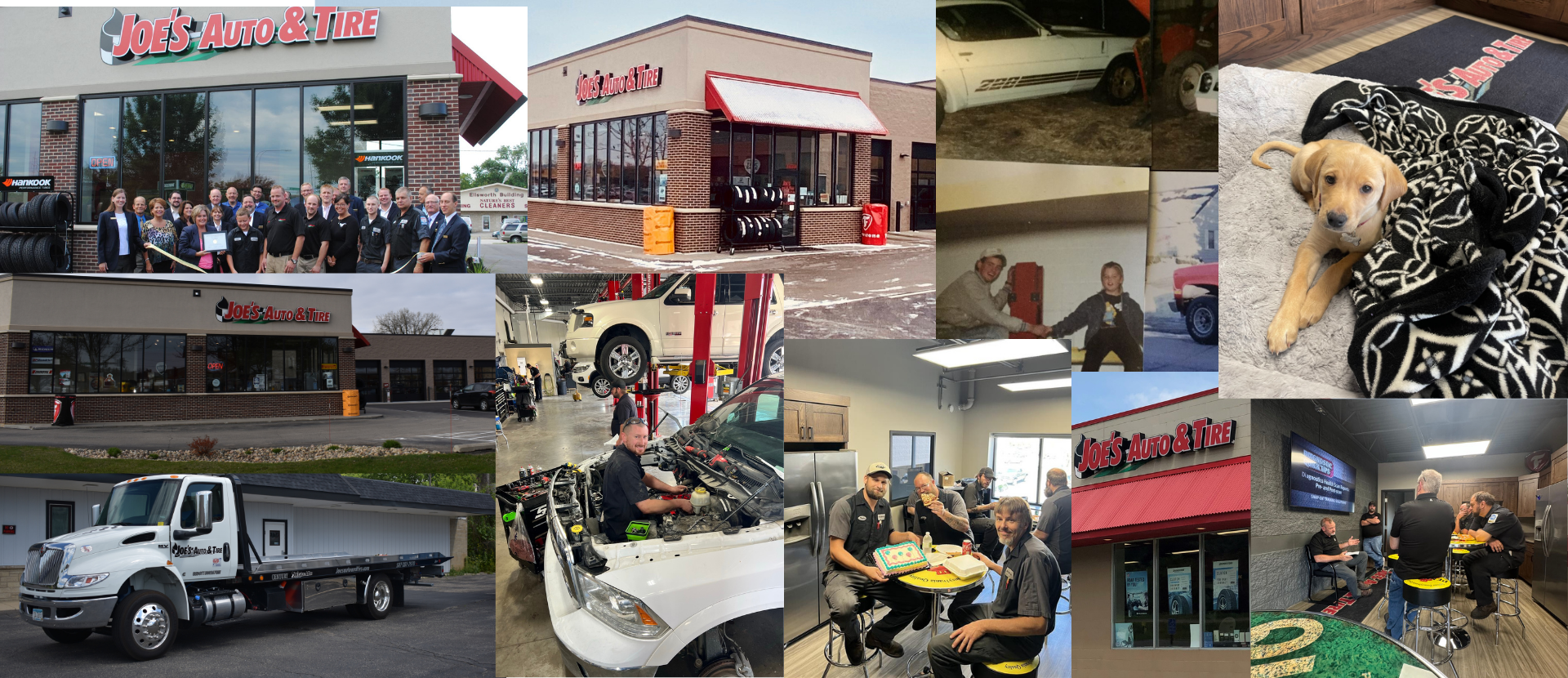 Collage of various scenes, including auto repair shops, staff, a tow truck, and a puppy. | Joe's Auto Tire