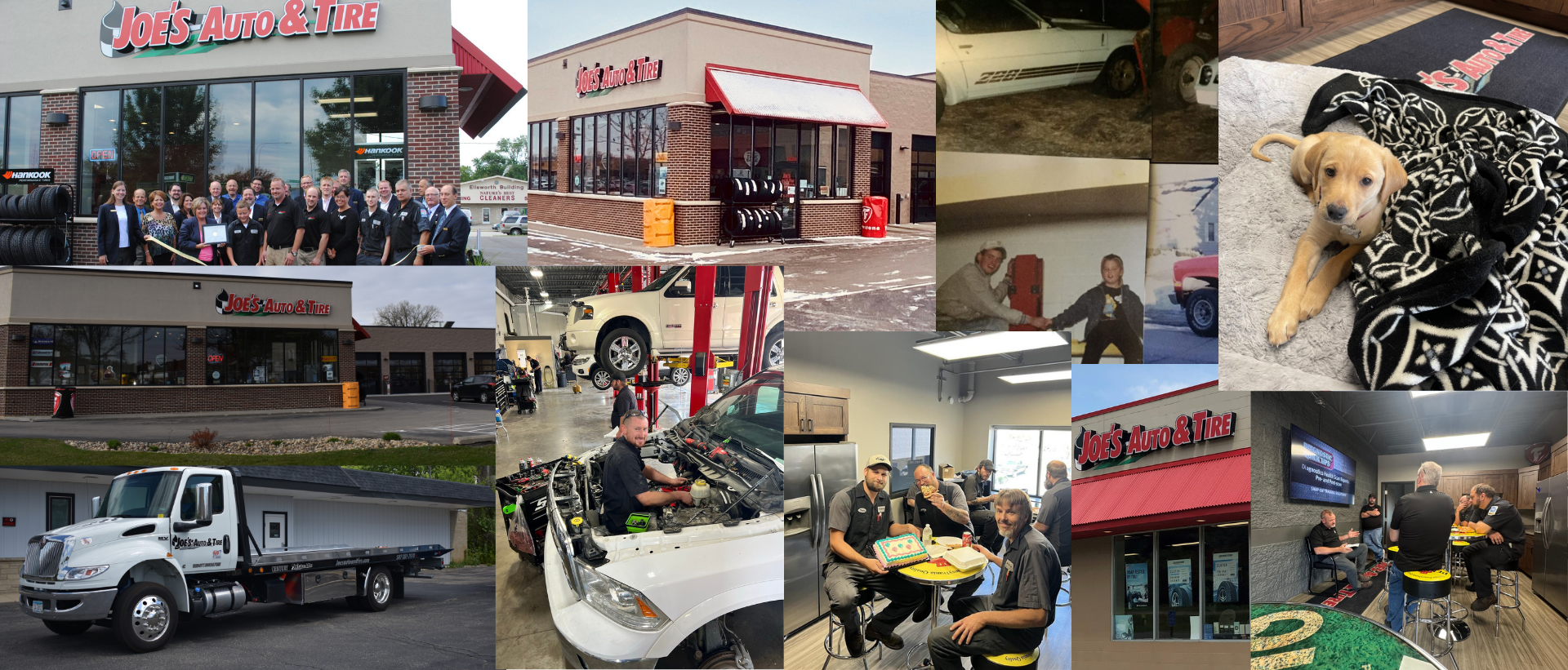 Collage of various scenes, including auto repair shops, staff, a tow truck, and a puppy. | Joe's Auto Tire