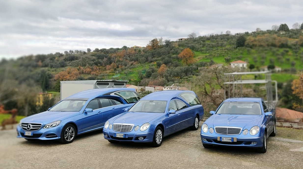 tre carri funebri blu in mezzo al verde