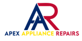 The logo for apex appliance repairs is blue red and yellow