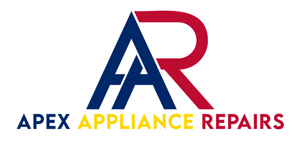 The logo for apex appliance repairs is blue red and yellow