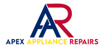 The logo for apex appliance repairs is blue red and yellow