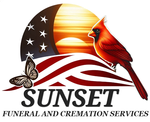 Sunset Funeral and Cremation Services logo: cardinal, butterfly, sunset, American flag design.