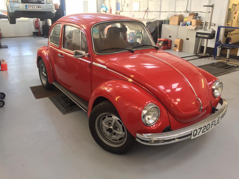 Red Beetle car in garage