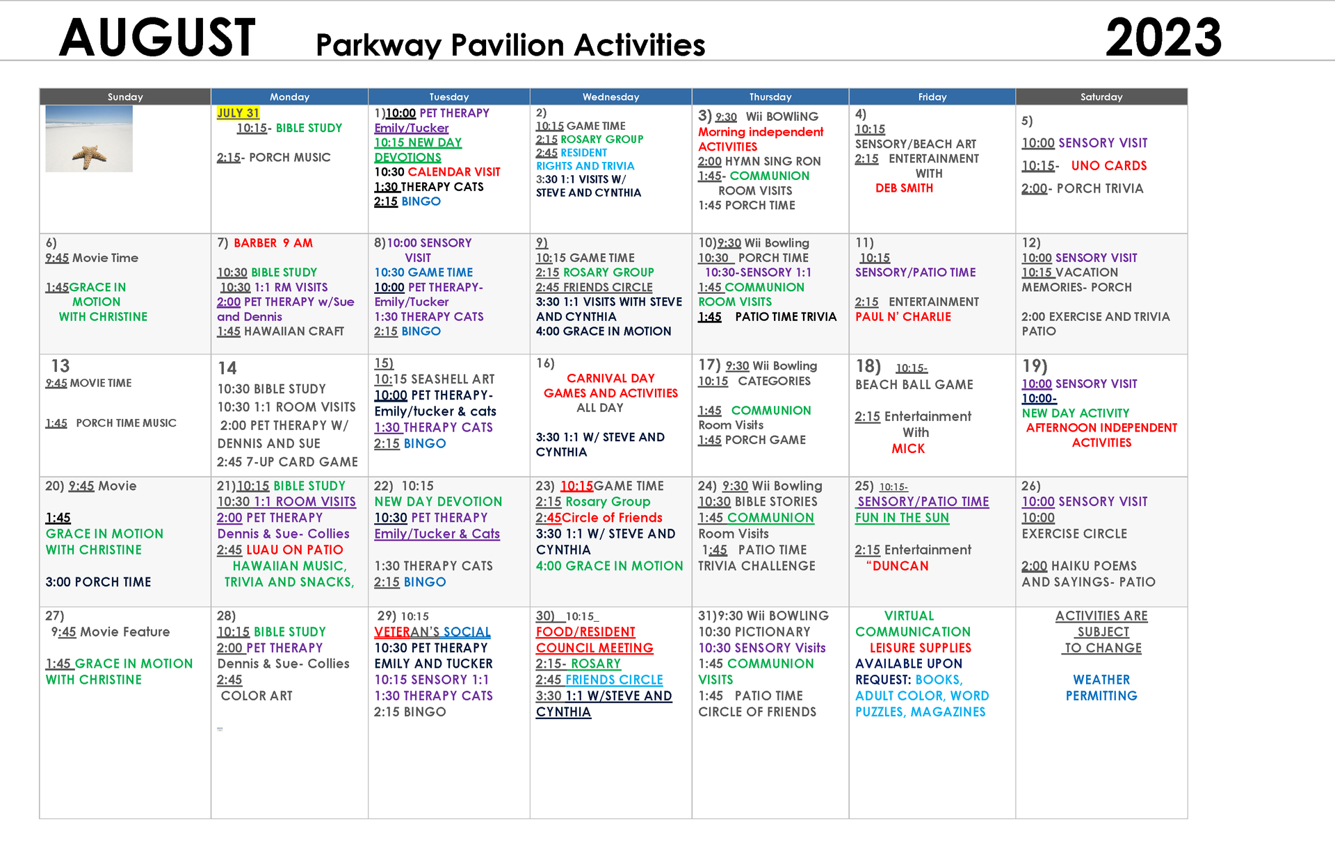 monthly activity calendar parkway pavilion