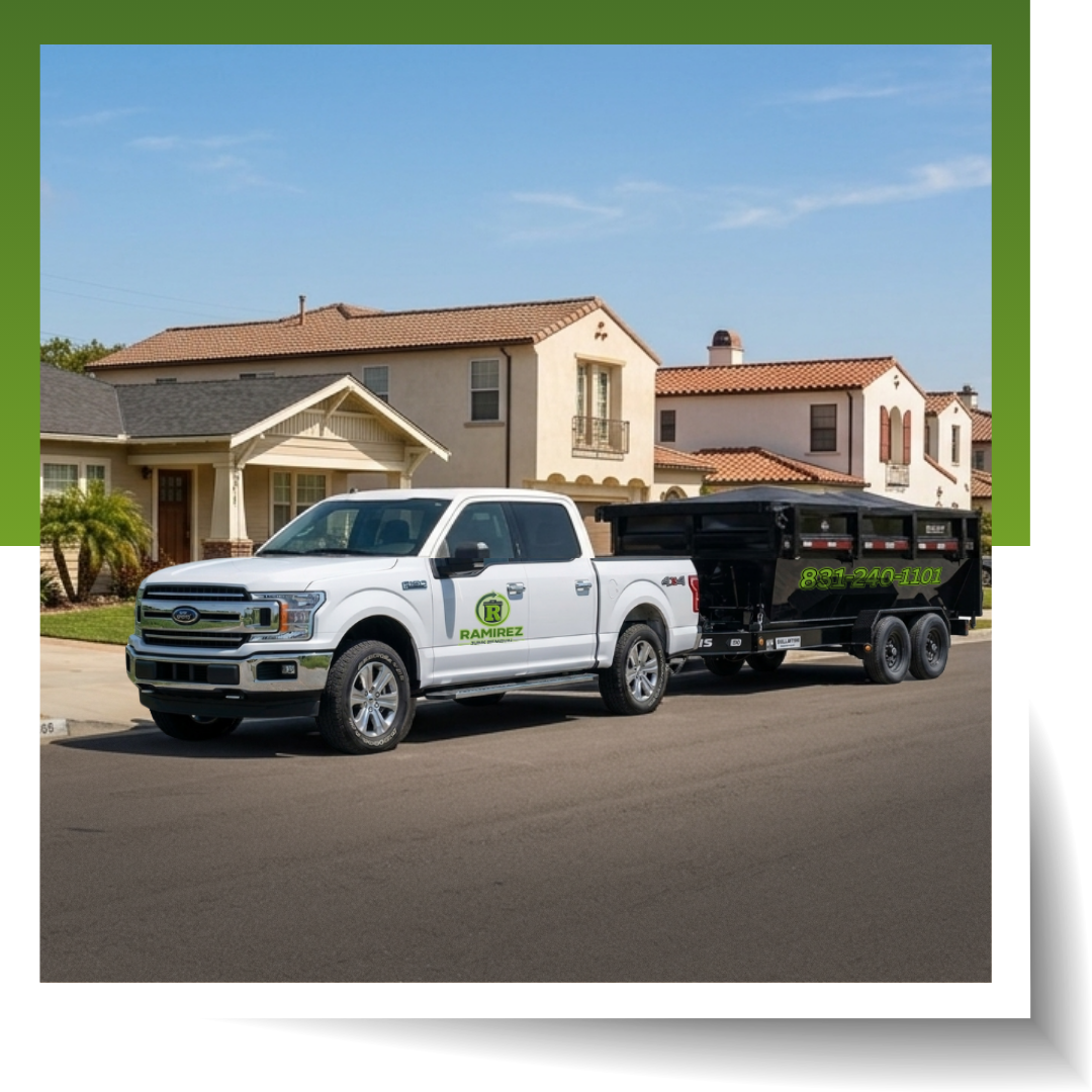 An image of pickup vehicle with dumpster behind it.