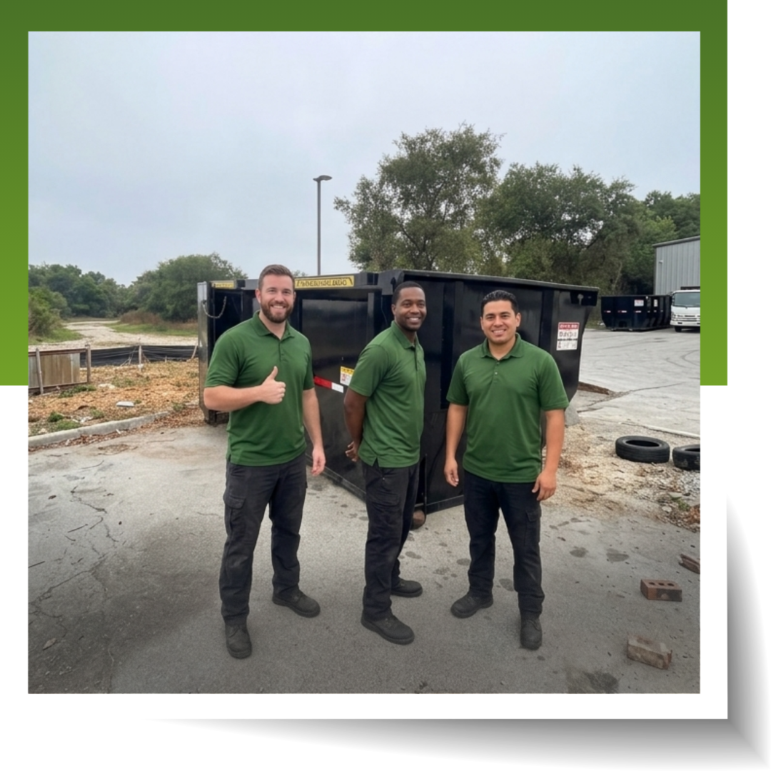 Three junk removal team, a dumpster behind it.