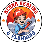 The logo for keena heating and plumbing is a cartoon of a plumber holding a wrench.