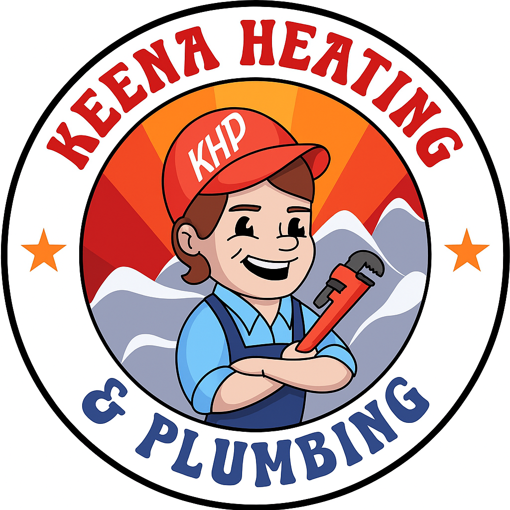 The logo for keena heating and plumbing is a cartoon of a plumber holding a wrench.