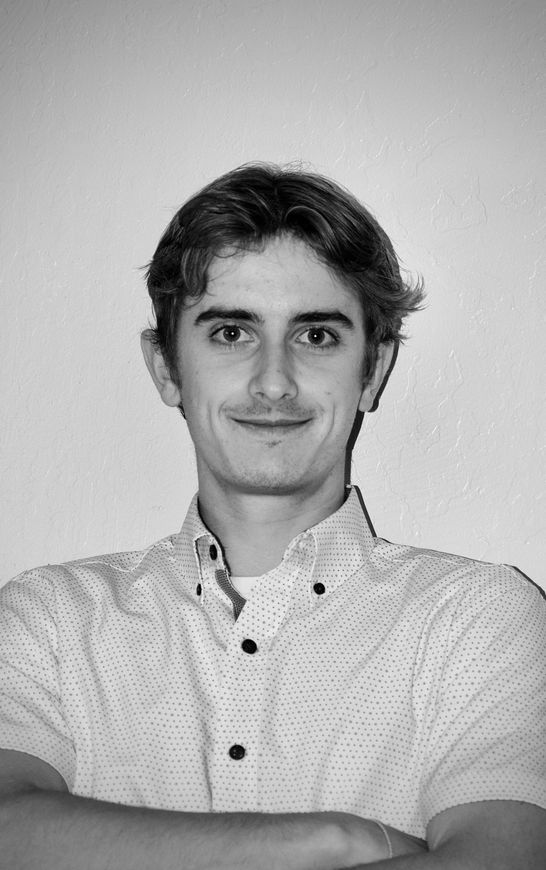 A woman is sitting at a desk with a laptop and a vase of flowers.