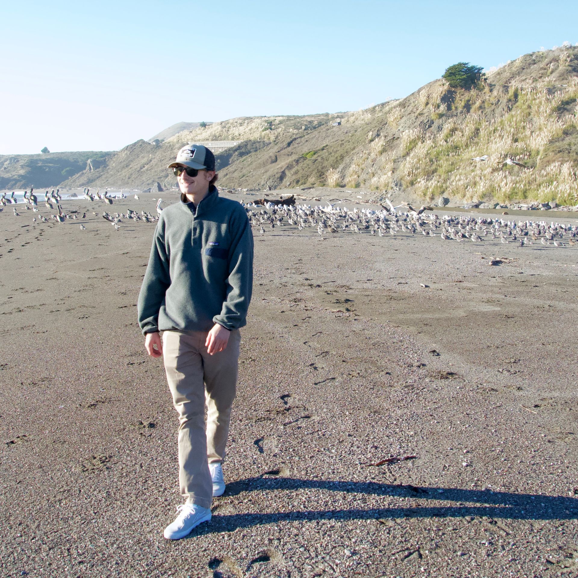 A woman is sitting at a desk with a laptop and a vase of flowers.