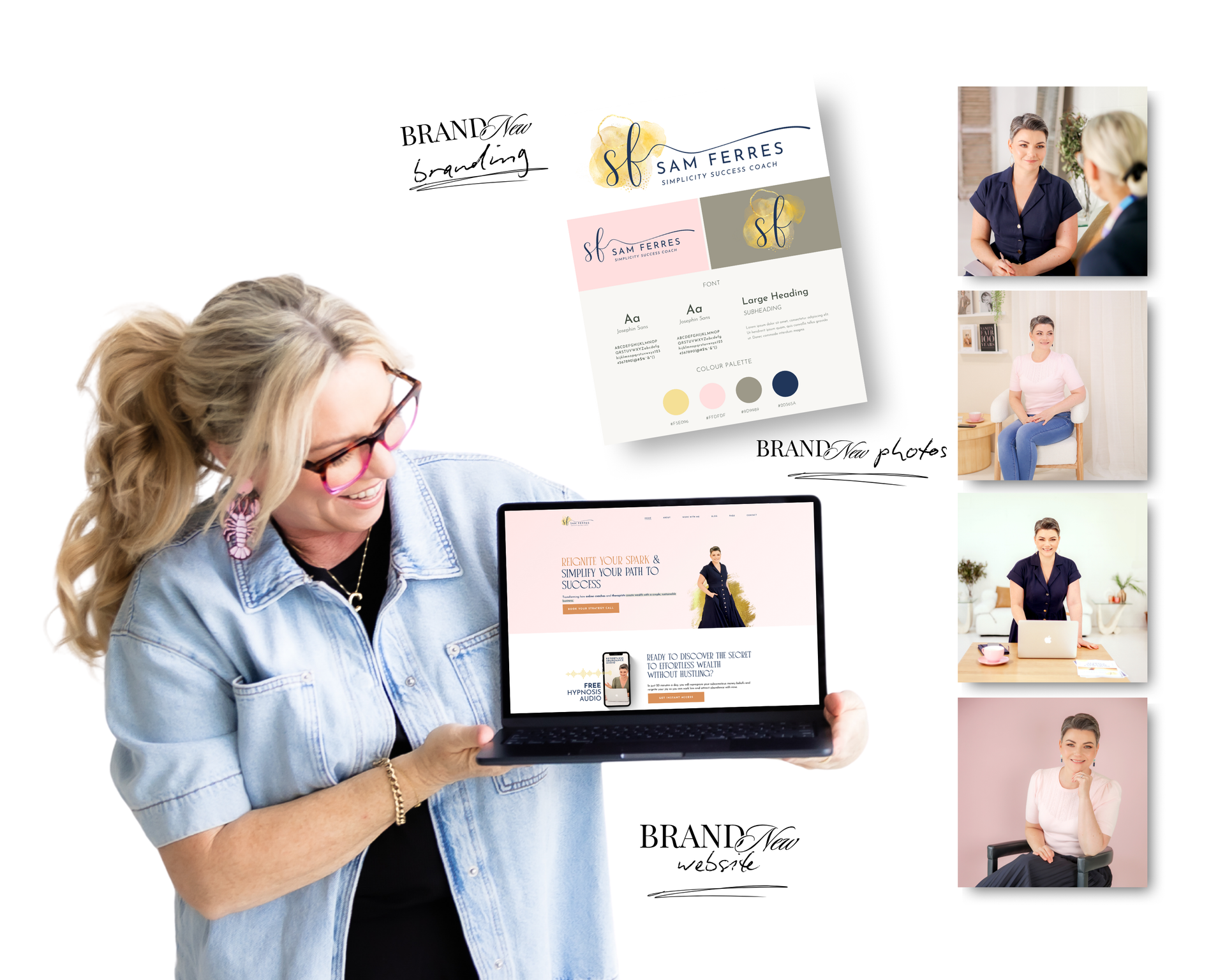 Woman holding laptop showcasing website; branding mockups and photos on white background.