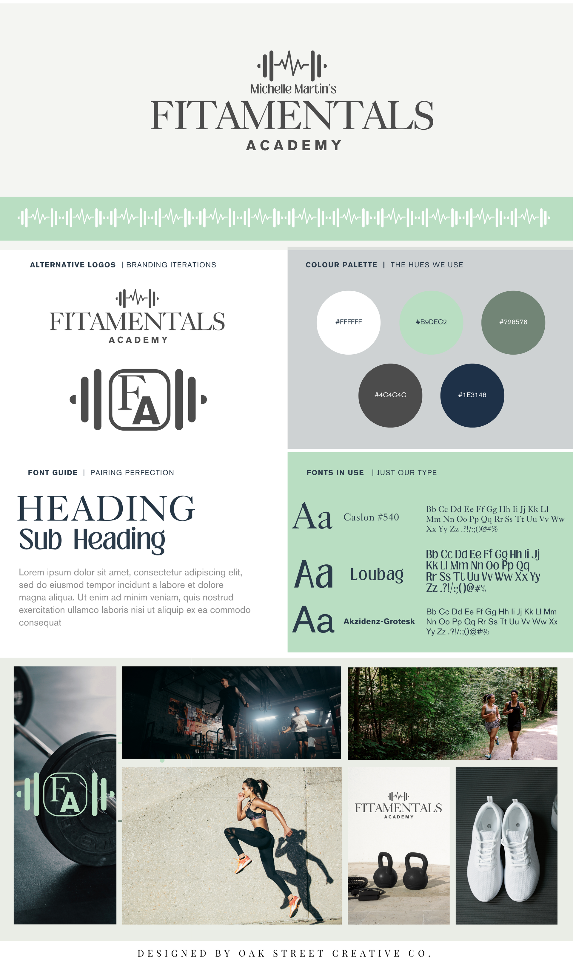 Brand style guide for Fitamentals Academy with logo, color palette, typography samples, and images.