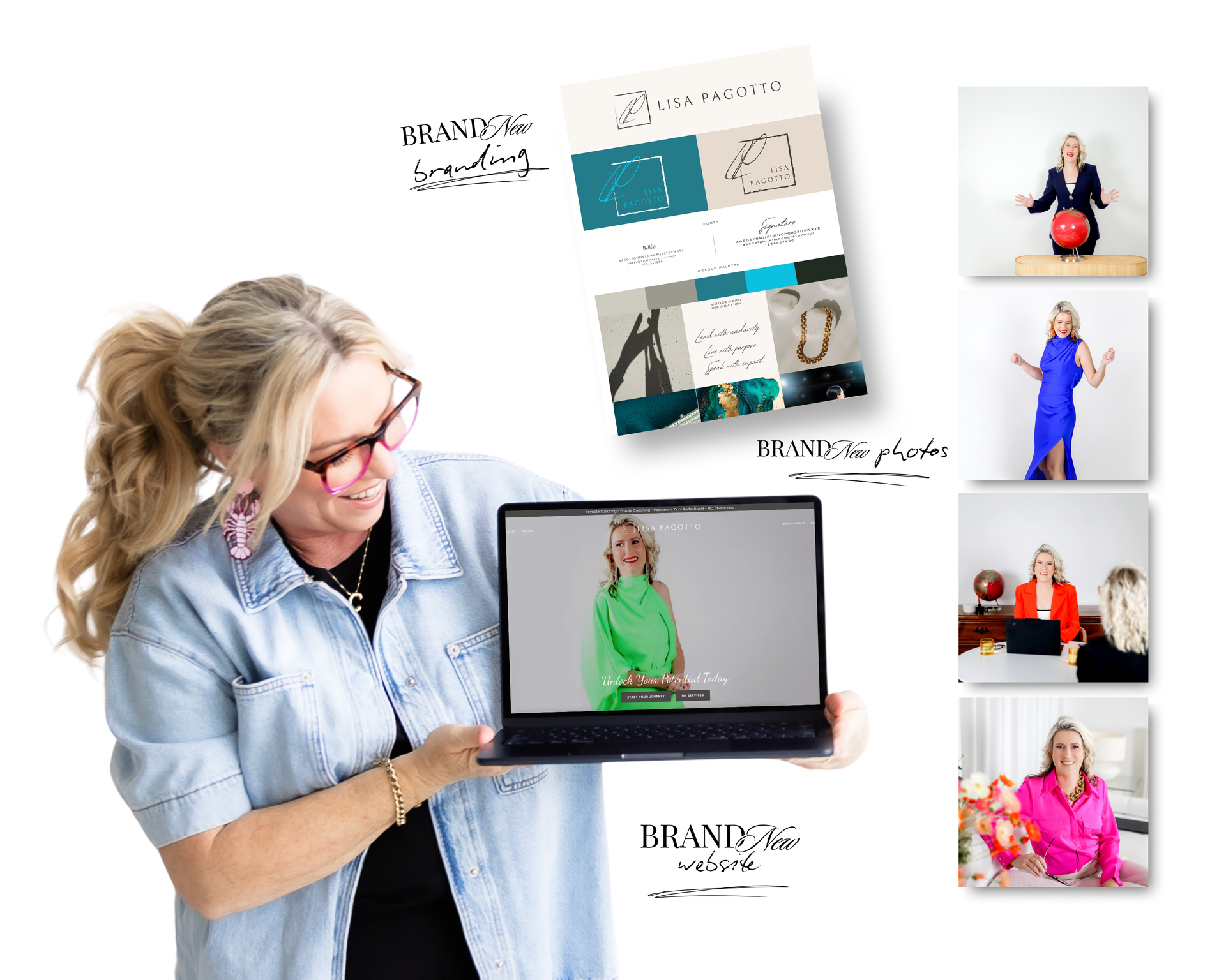 Woman holding laptop displaying a woman on screen, alongside marketing materials.