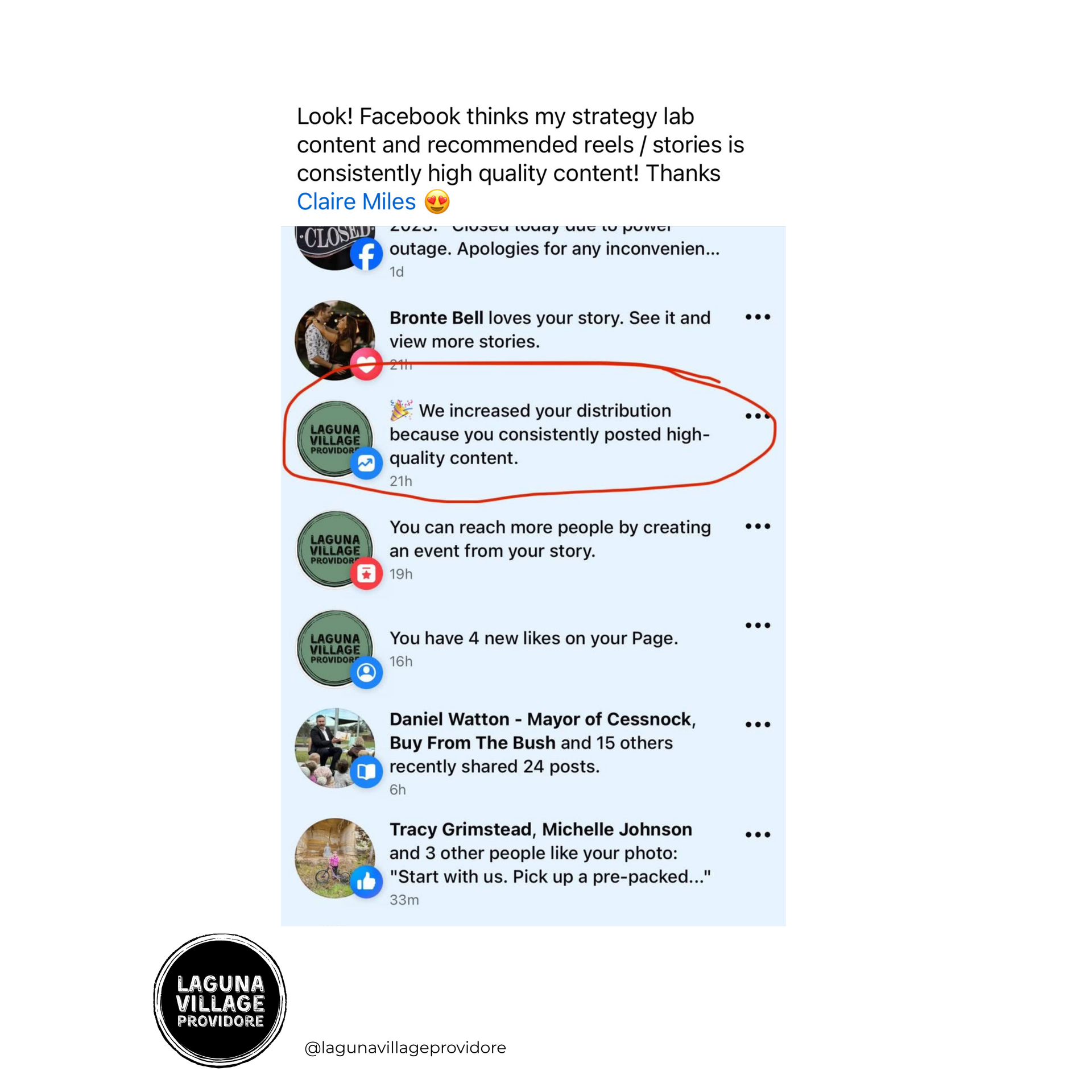 Screenshot of a Facebook post showing increased distribution due to high-quality content.