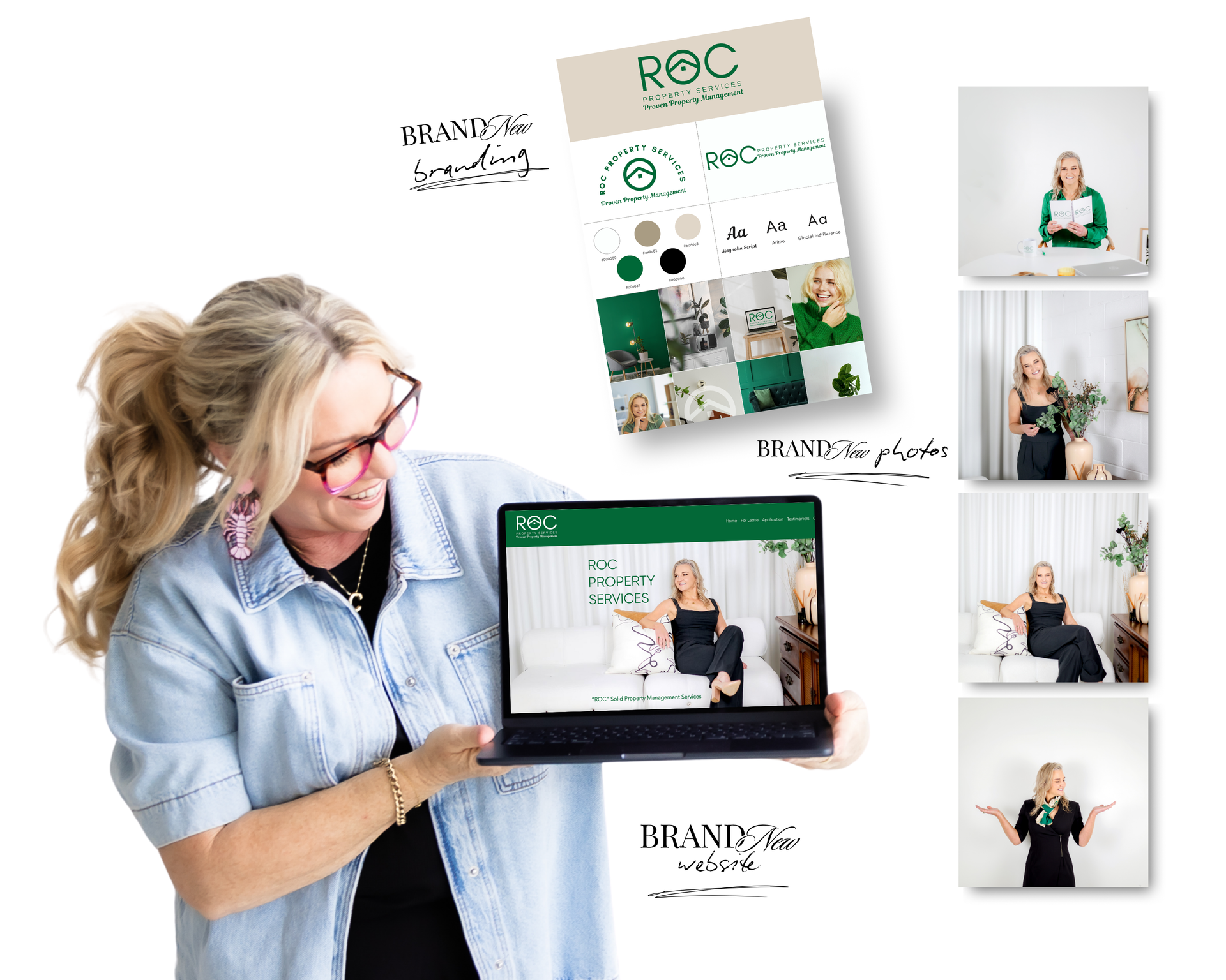 Woman holding a laptop and smiling, showcasing branding with green and beige colors.