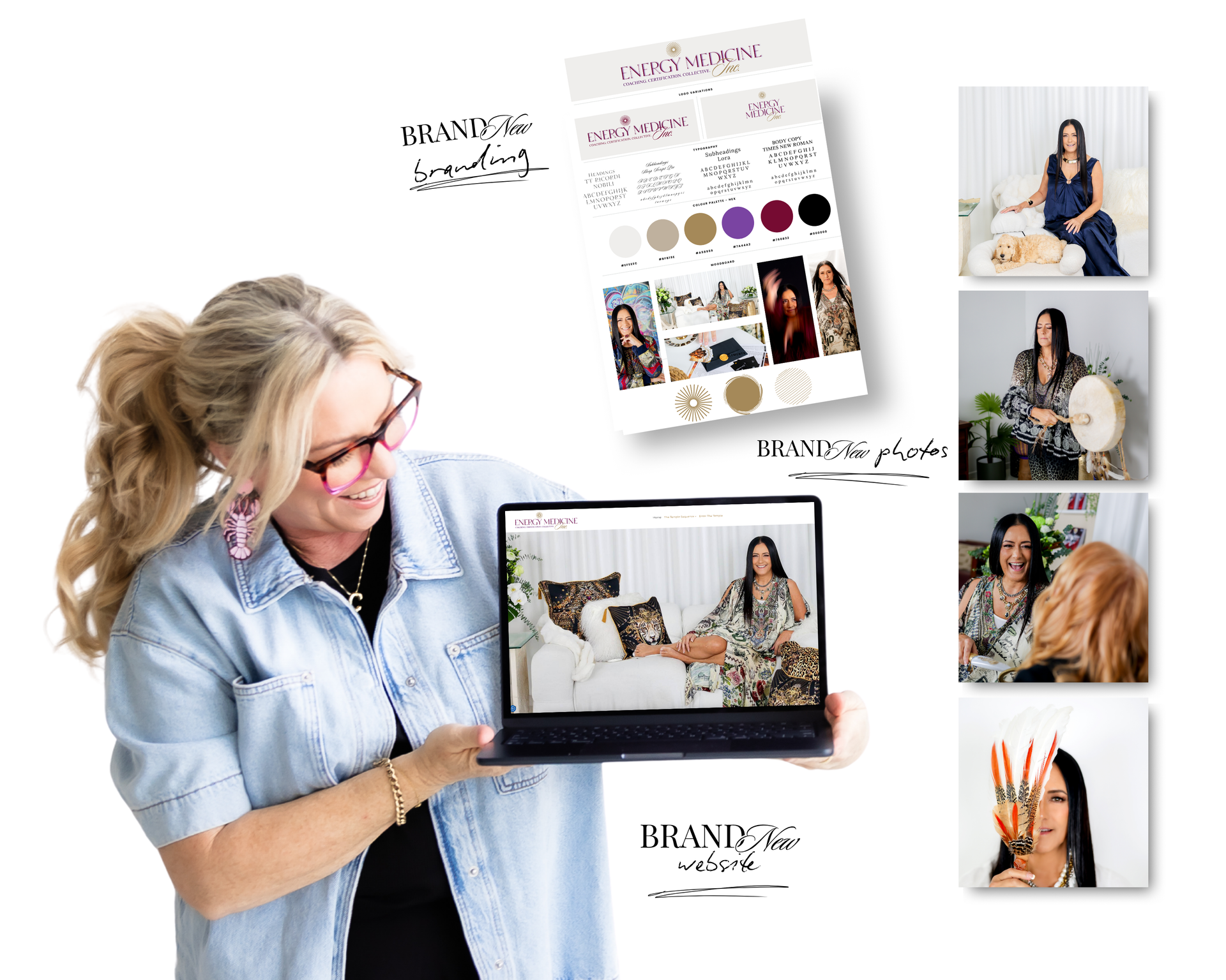 Woman holding a laptop and style guide with brand photos.