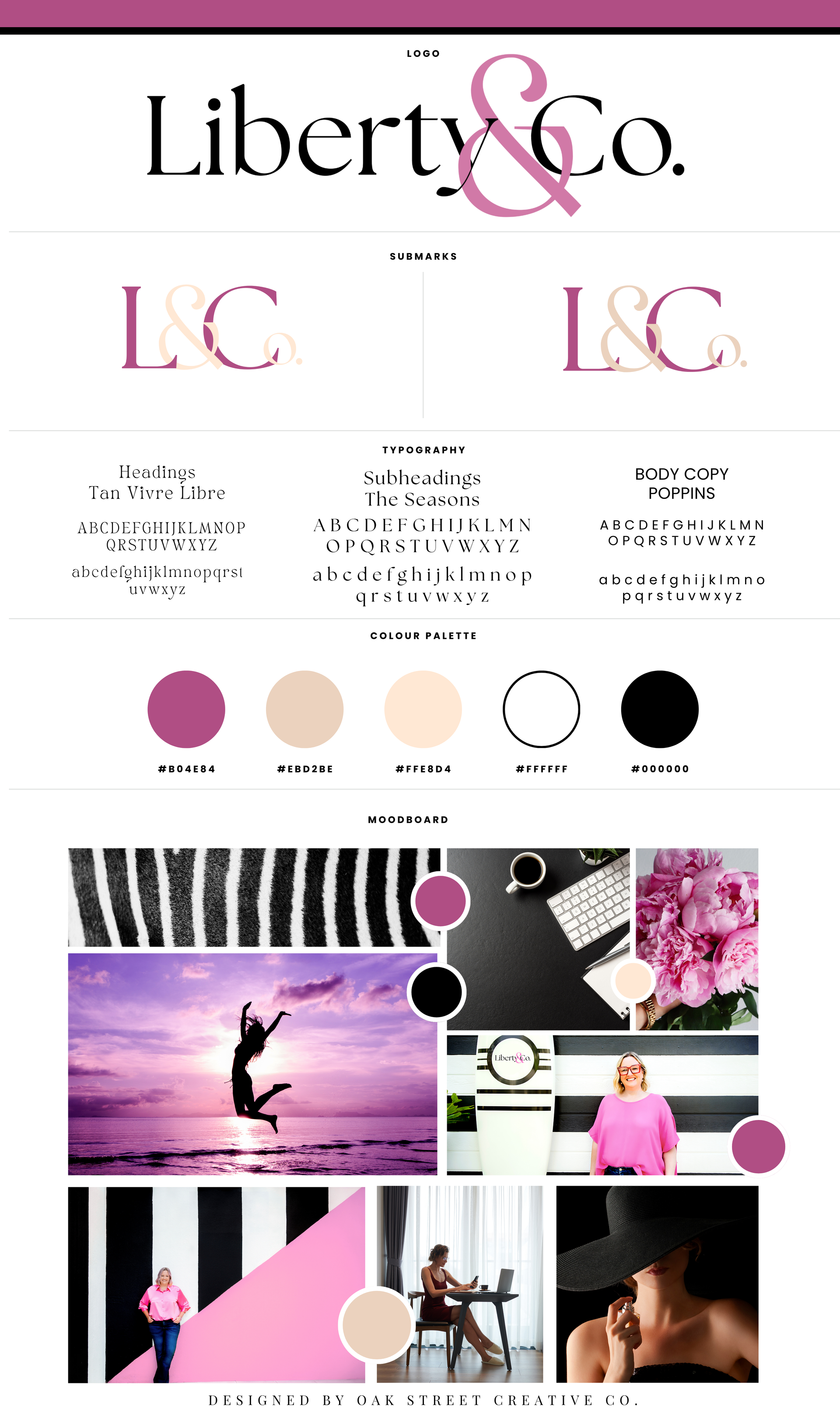 Brand identity guide: Liberty & Co. logo variants, color palette, and mood board with lifestyle imagery.