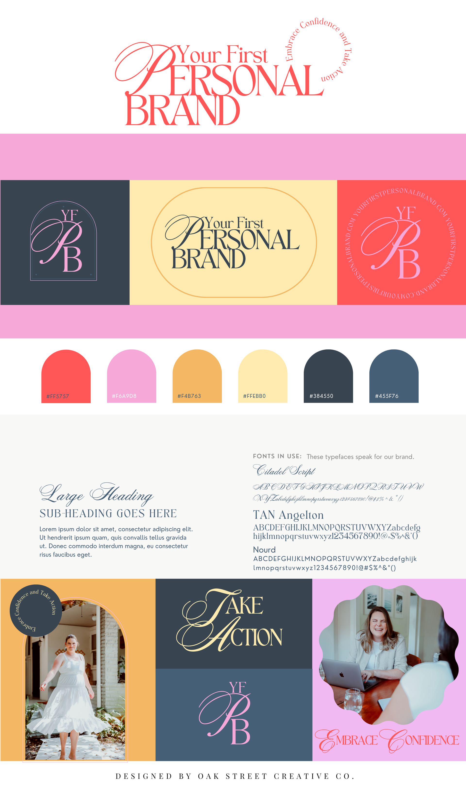 Brand identity design guide. Includes logo variations, color palette, and sample images.