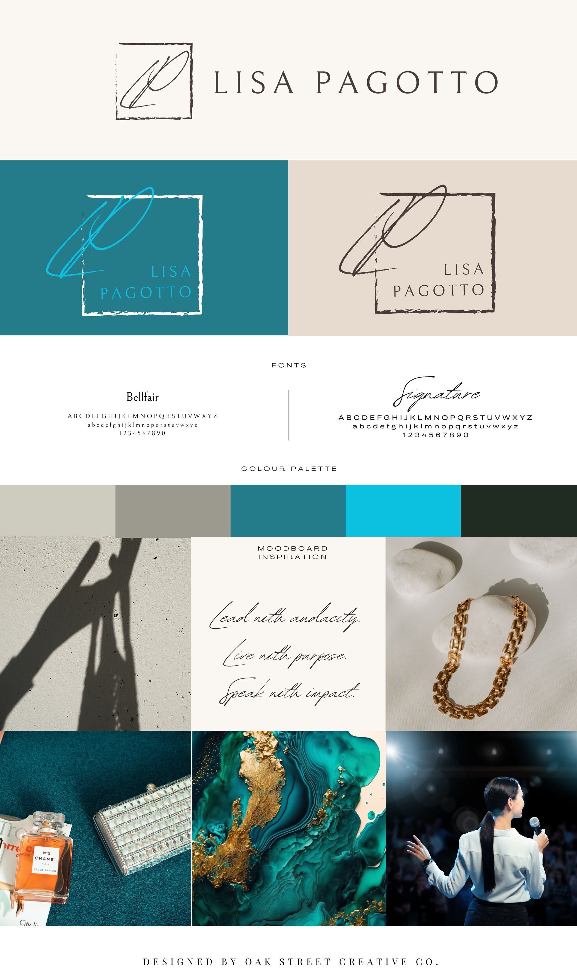 Brand identity presentation, logo variations, color palette, and lifestyle imagery.