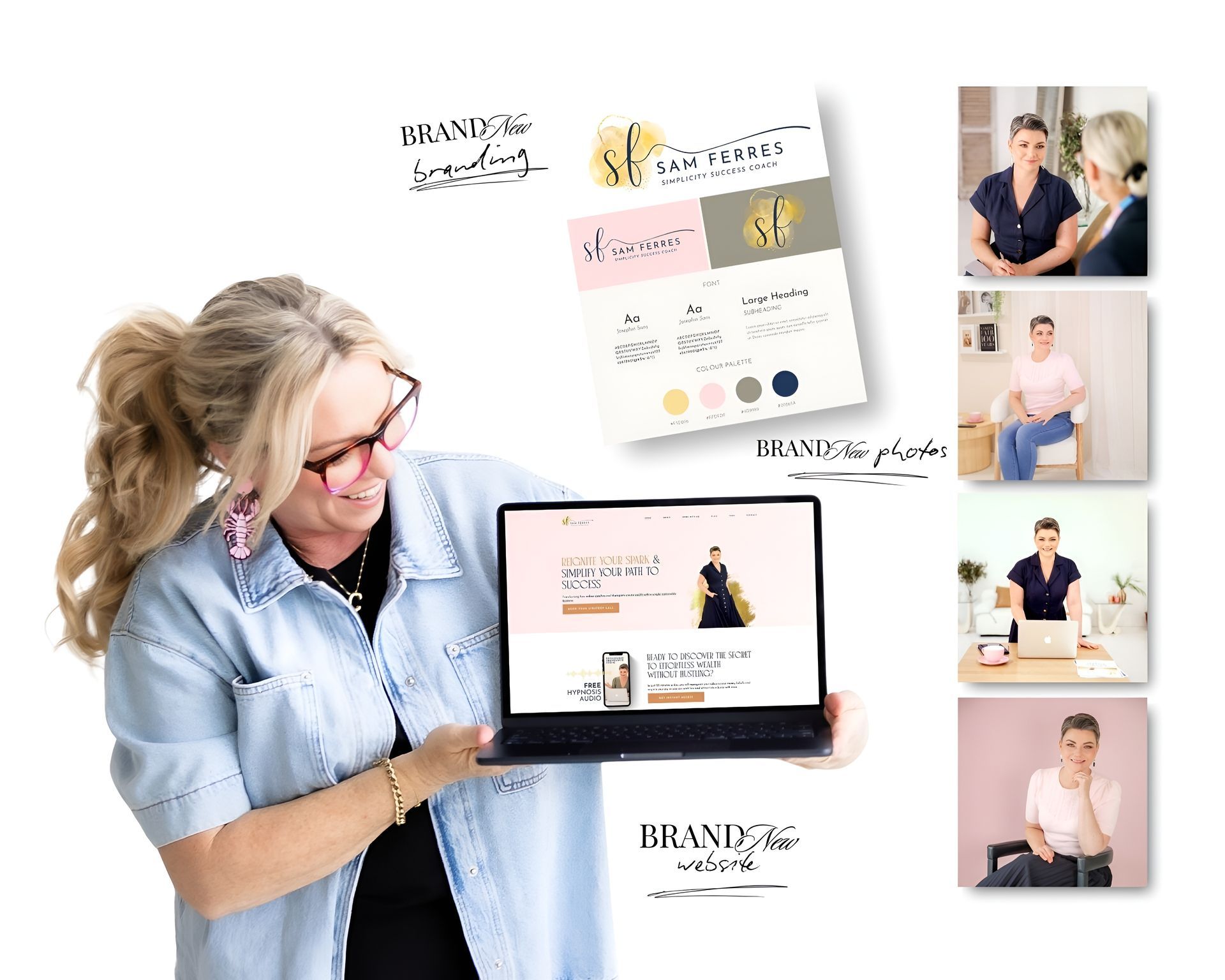 Woman holding laptop showing website design with branding examples. Light pink, gold, and navy color scheme.