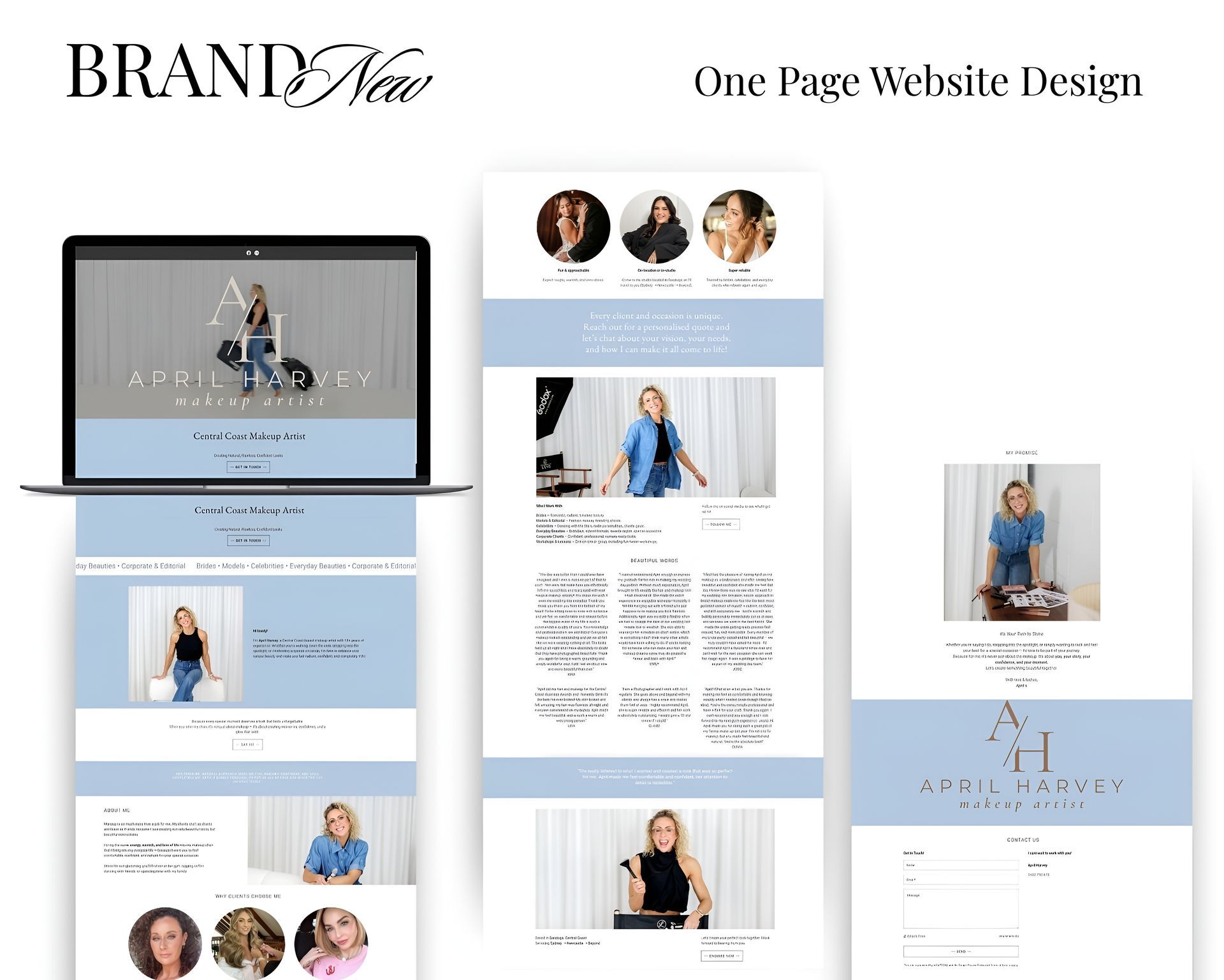 One page website design showcasing layout with images and text, light blue accents.