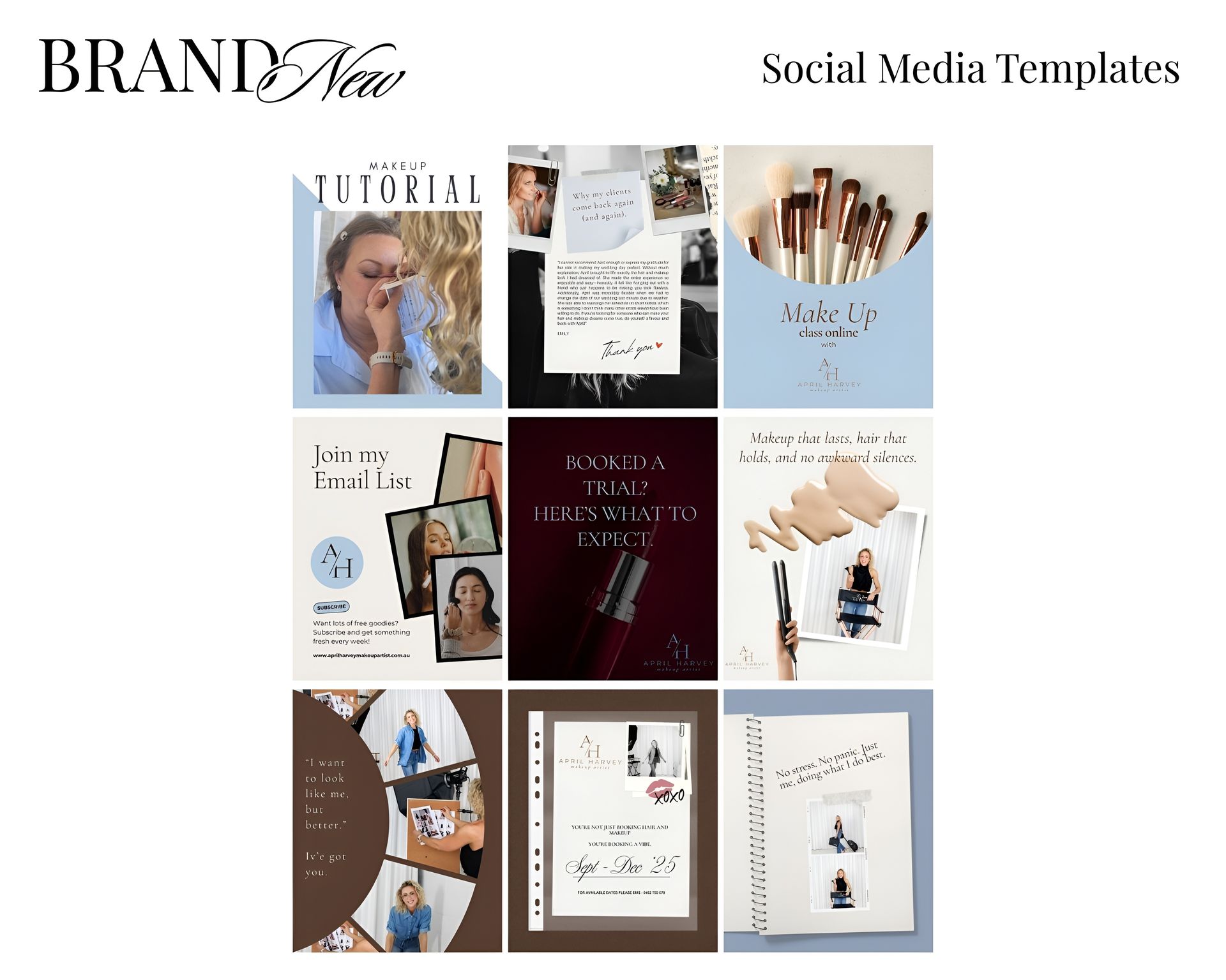 Nine social media templates with various designs and photos;