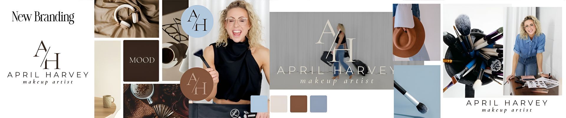 Mood board for "April Harvey" includes logo, woman holding handbag, brown, blue, white, and a scooter.