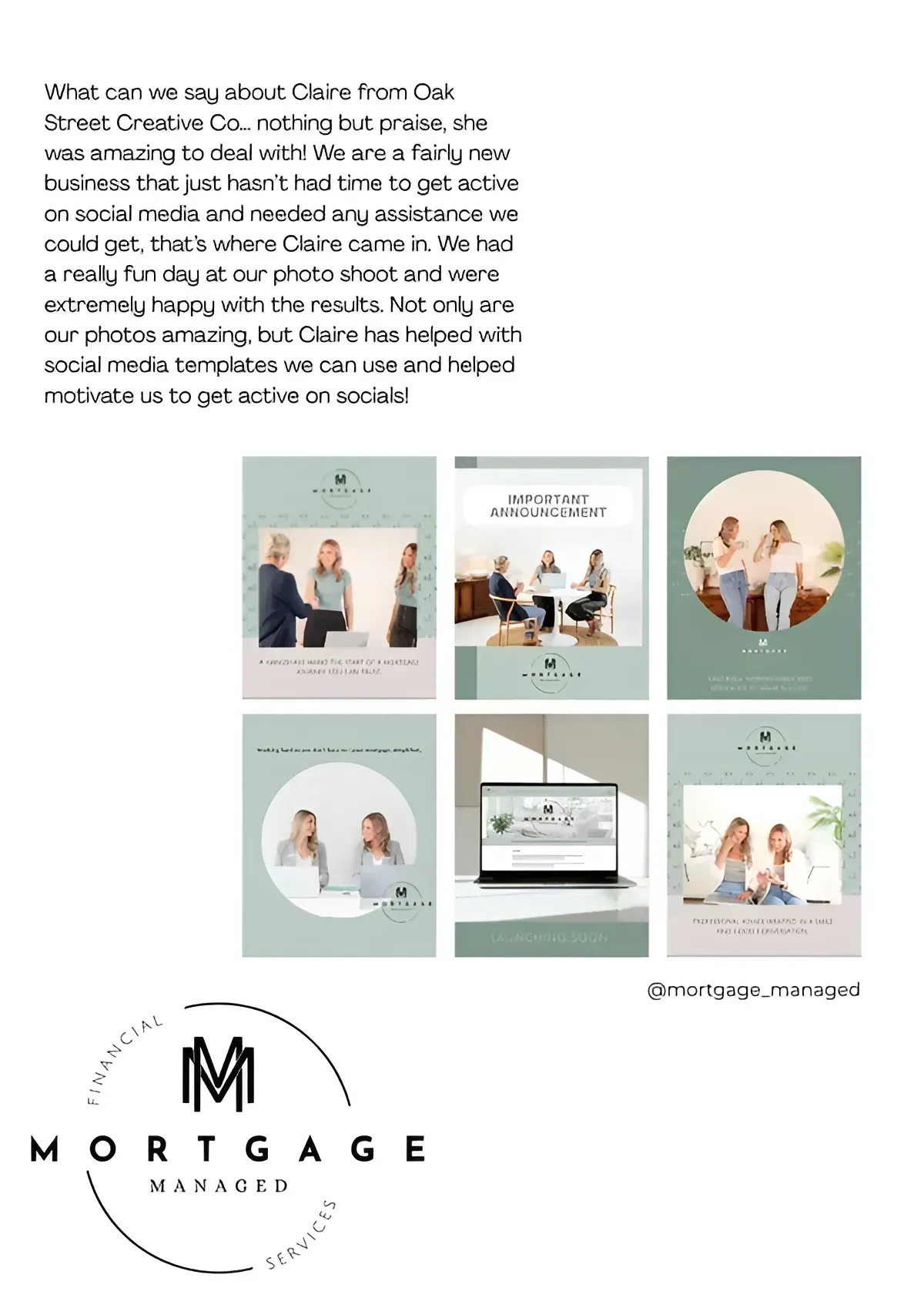 Mortgage Managers company promotion: six brochures featuring professional imagery, soft green tones.