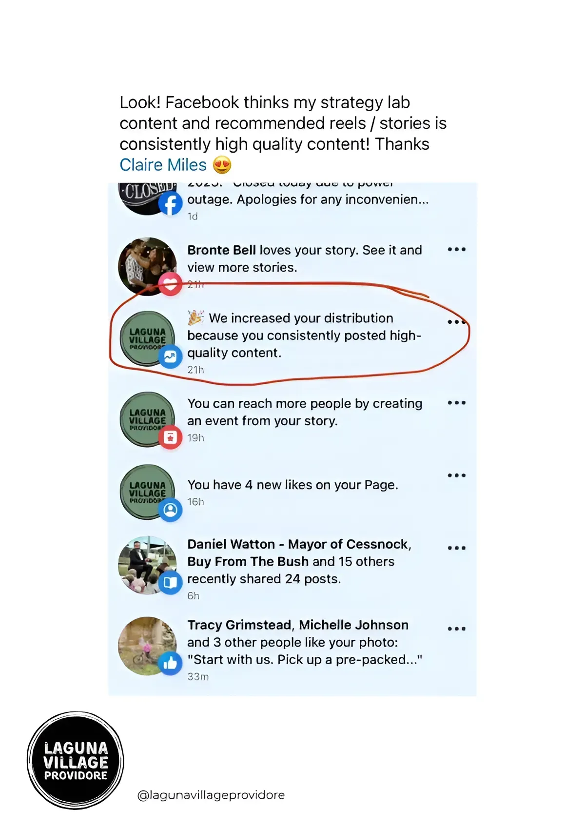 Facebook post praising content quality, circled comment: