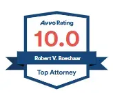 Avvo Rating 10.0 for Robert V. Boeshaar, Top Attorney. Blue, white, and red badge.