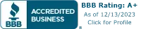 BBB Accredited Business logo with an A+ rating as of 12/13/2023.