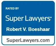 Super Lawyers rating badge for Robert V. Boeshaar. Blue background with white text and the SuperLawyers.com website.