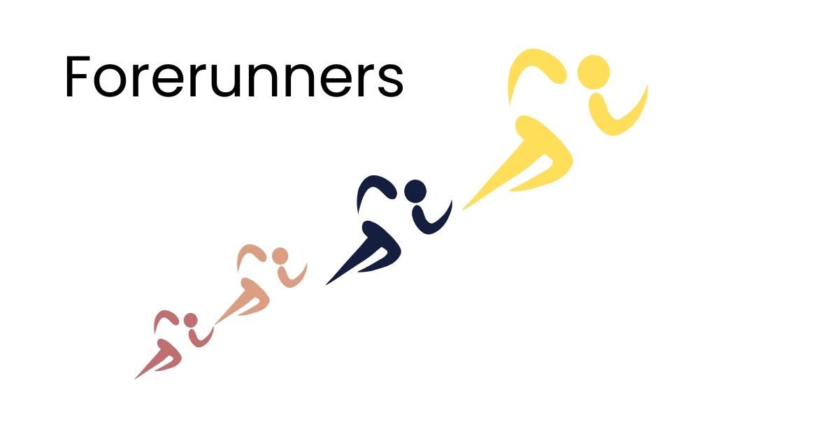 Forerunners logo. Fore running icons in gold, blue , beige, and crimson