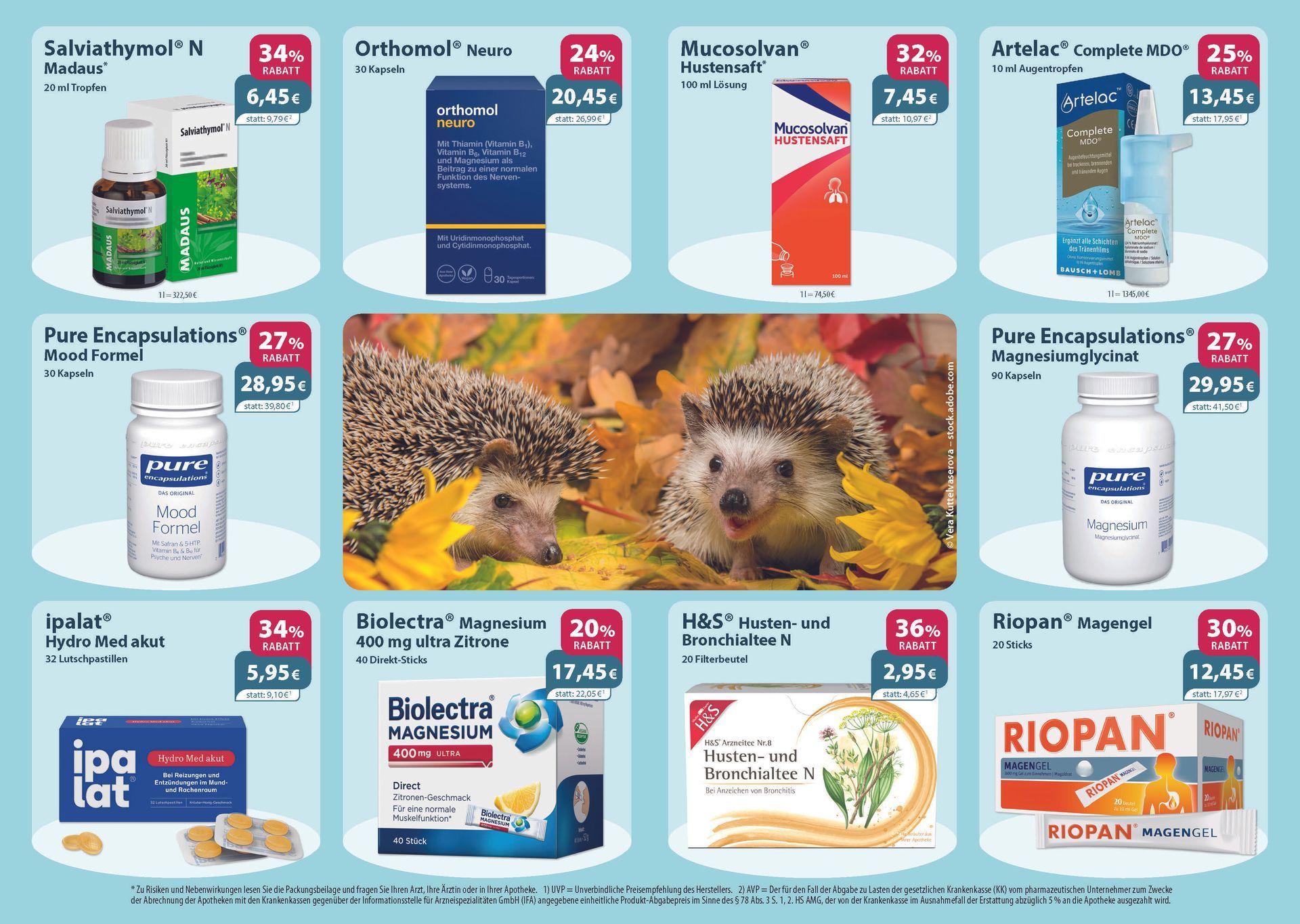 Werbebild für Gesundheitsprodukte. Mitte: Person beim Pilzesammeln. Weitere Produkte sind Pillen, Vitamine usw.