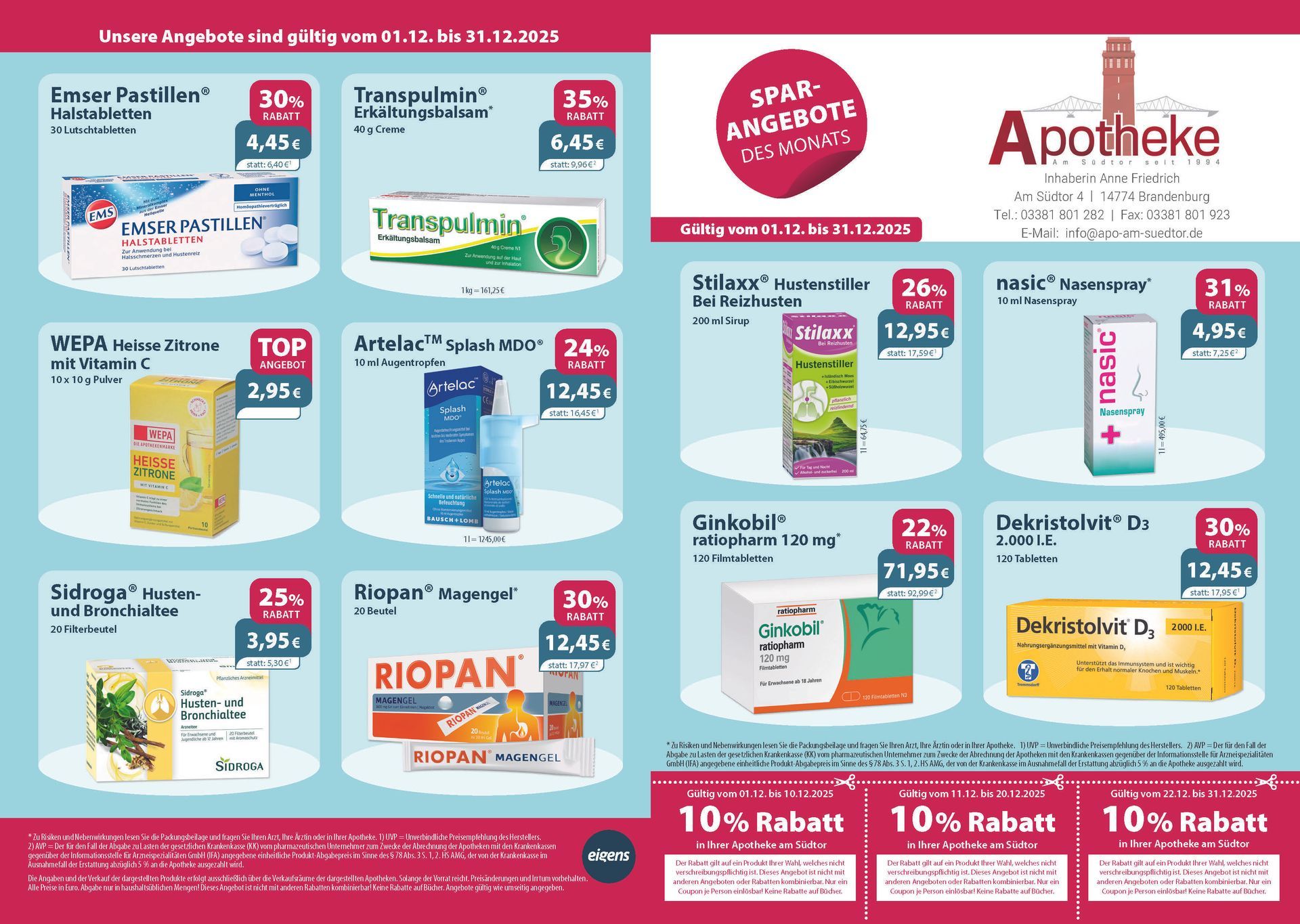 Apothekenwerbung mit preisreduzierten Gesundheitsprodukten.