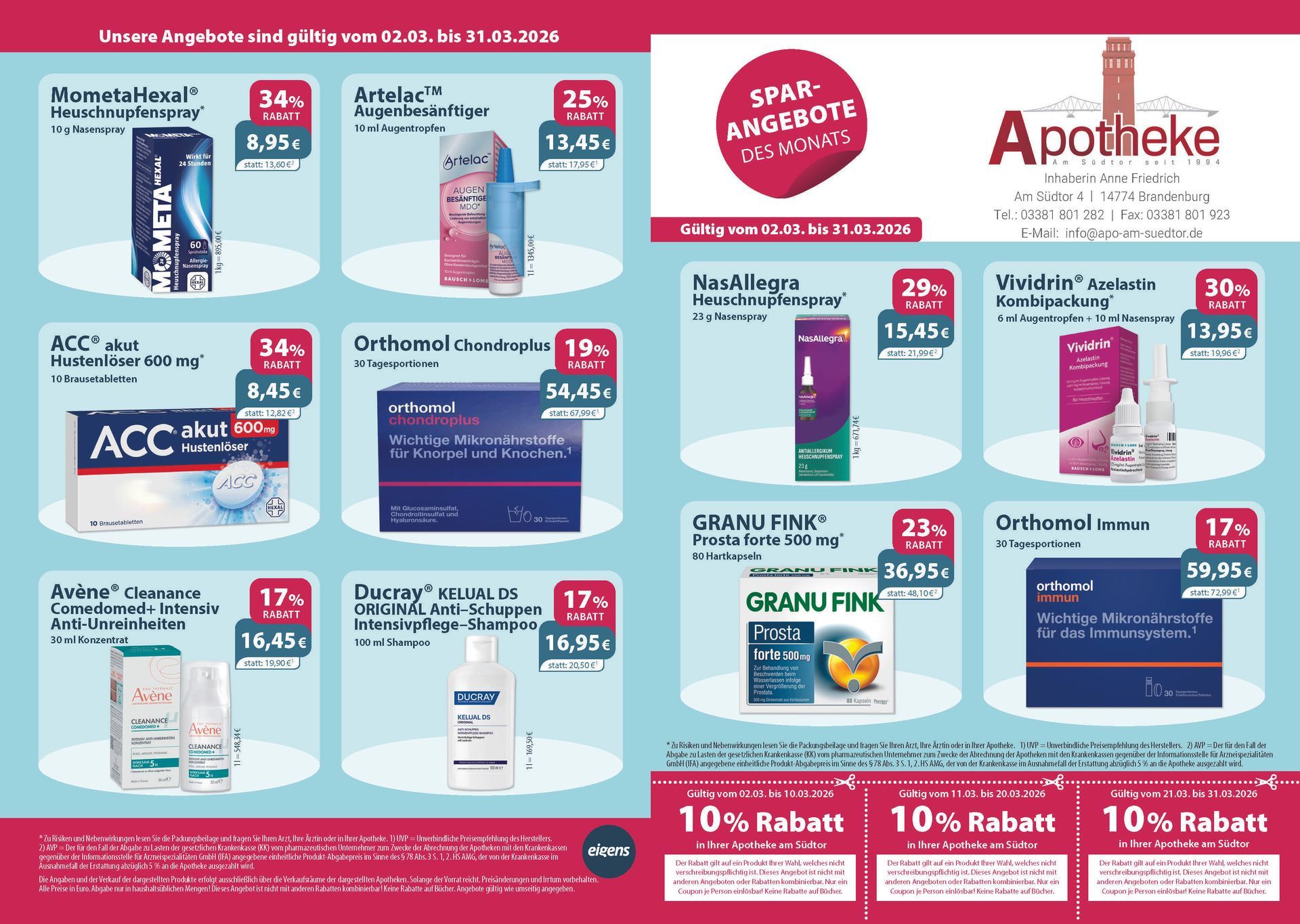 Apothekenwerbung mit preisreduzierten Gesundheitsprodukten.