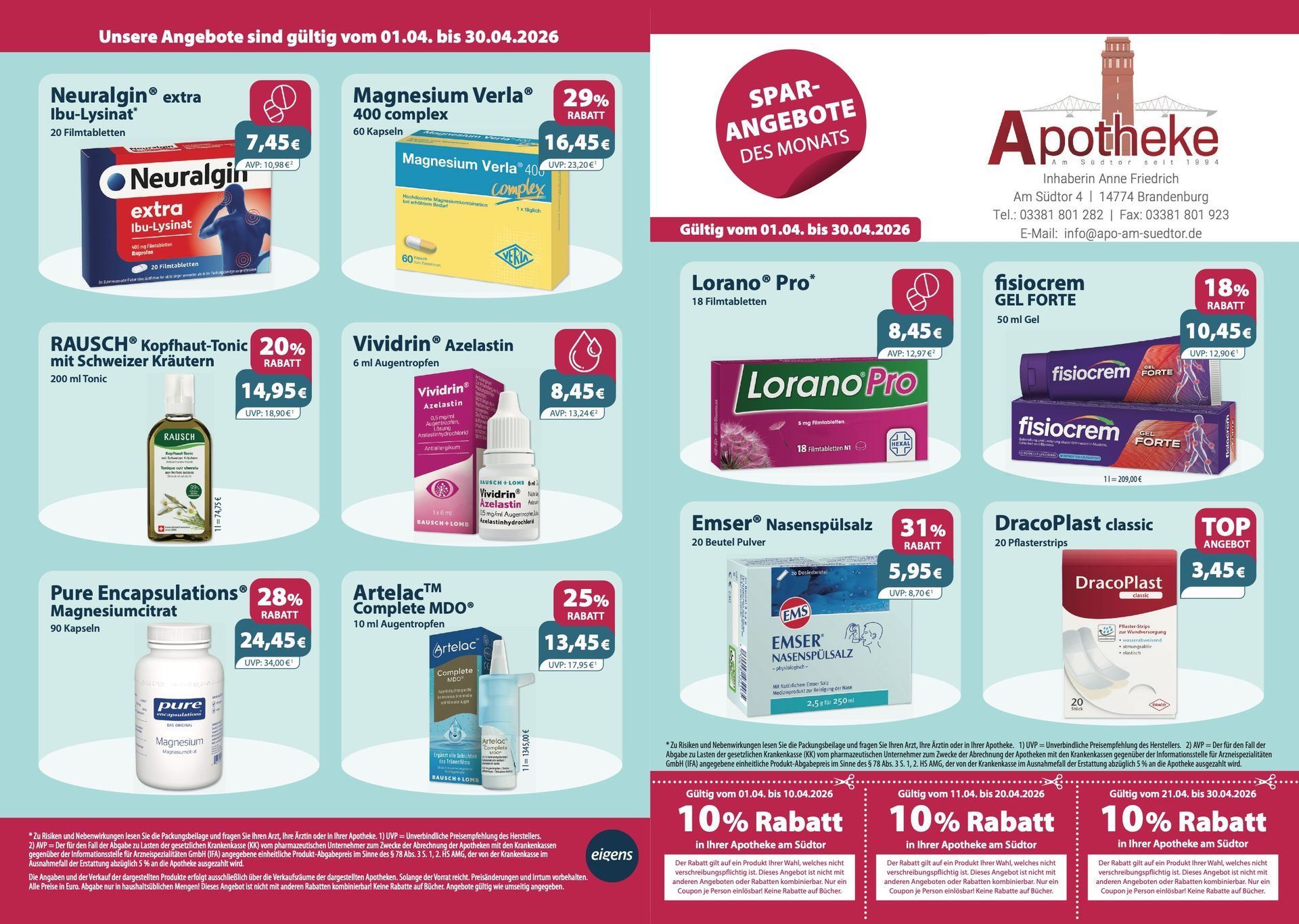 Apothekenwerbung mit preisreduzierten Gesundheitsprodukten.