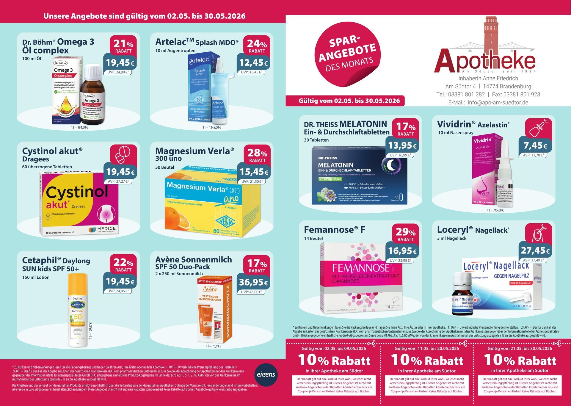 Apothekenwerbung mit preisreduzierten Gesundheitsprodukten.