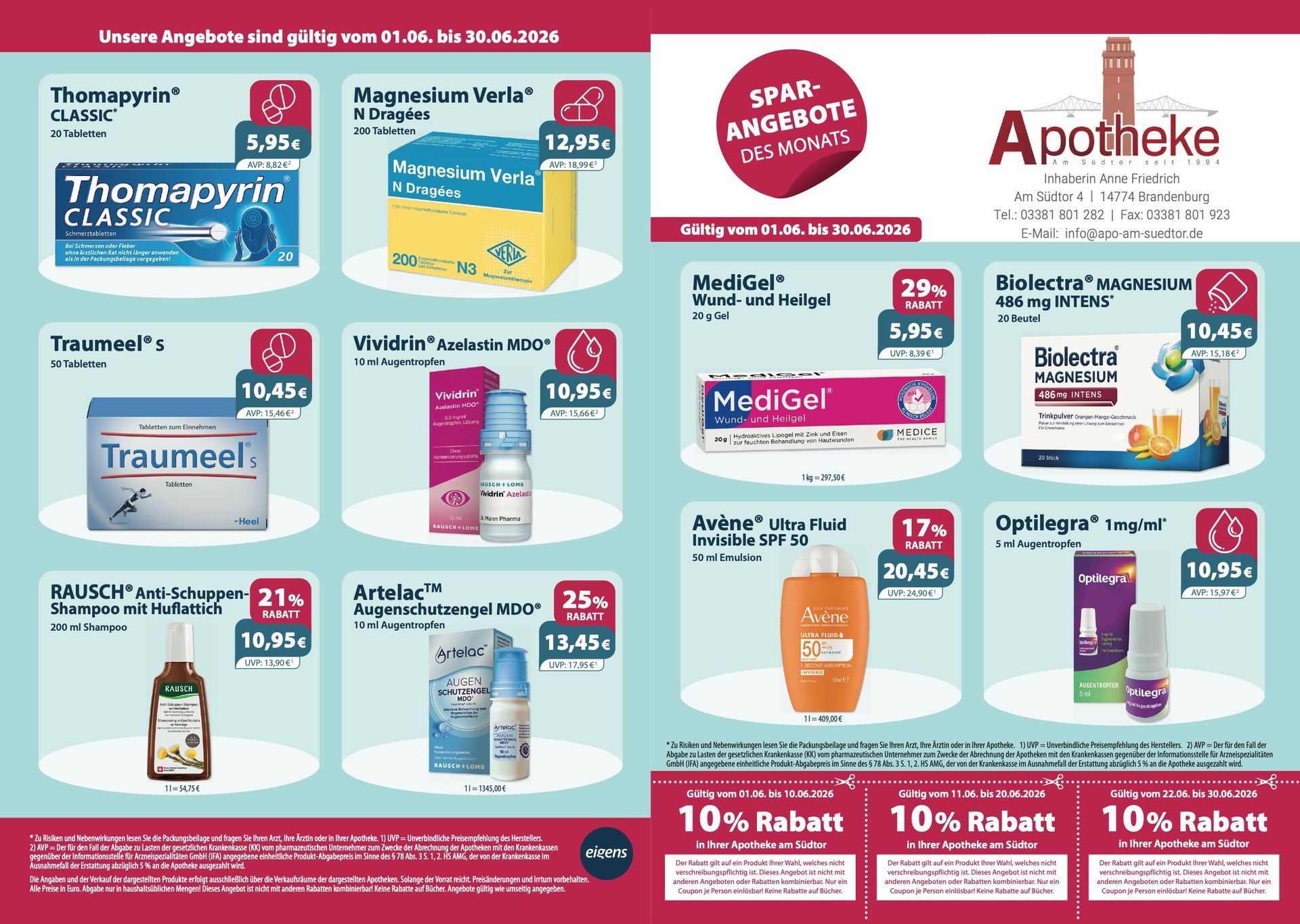 Apothekenwerbung mit preisreduzierten Gesundheitsprodukten.
