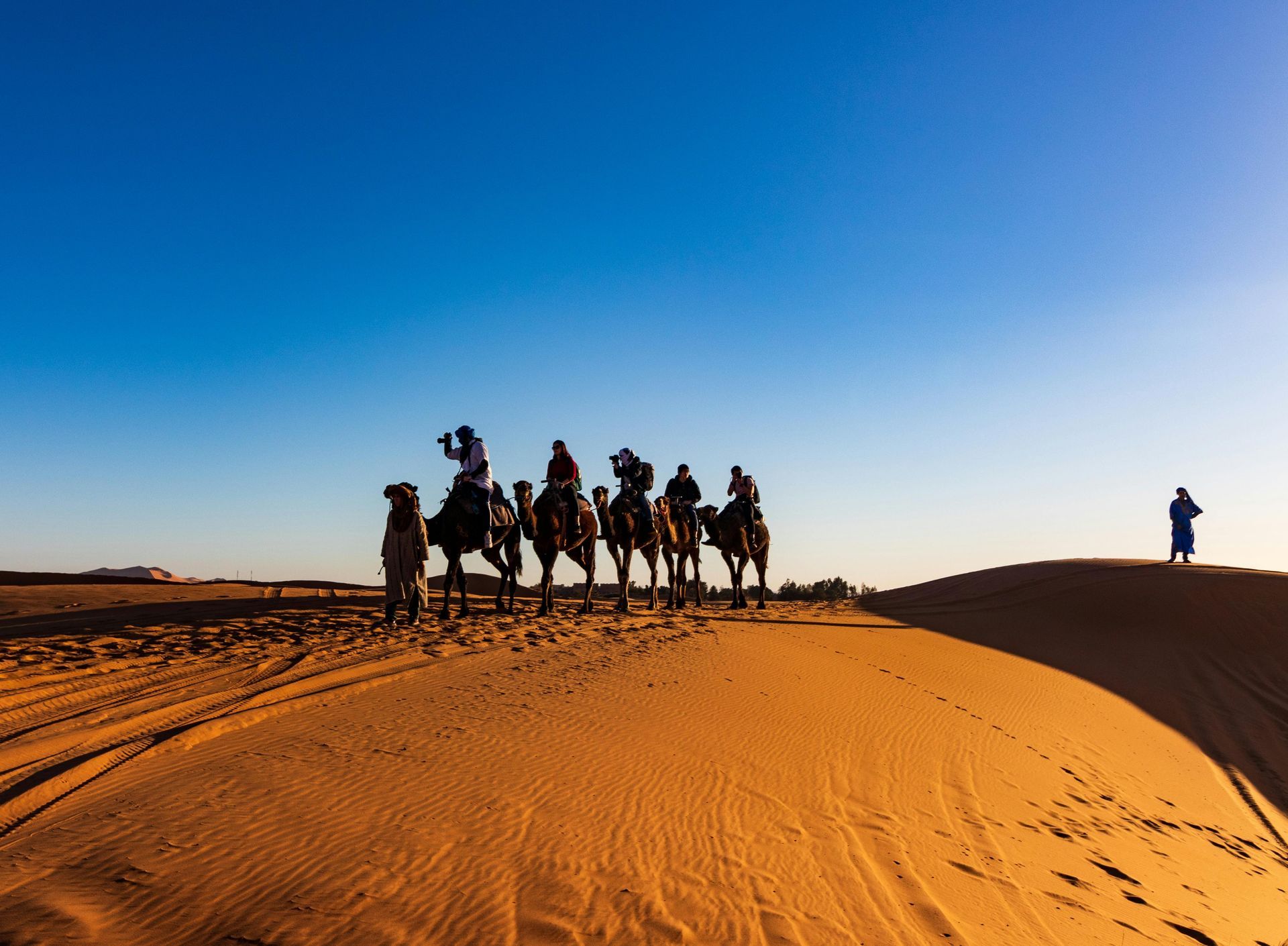 Camels with riders in a desert, under a clear blue sky. A lone person stands on a dune.