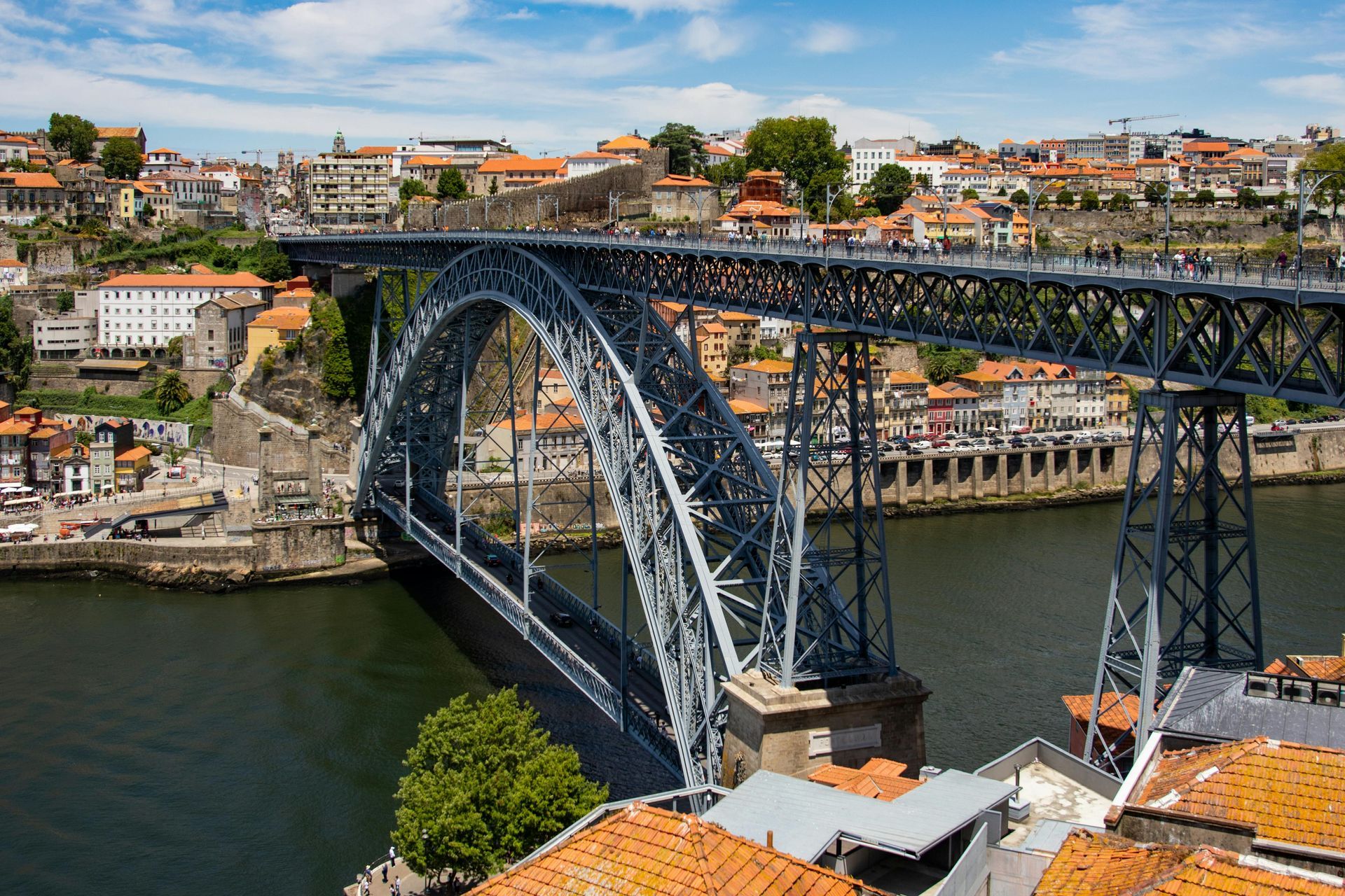 Dom LuÃs I Bridge over a river in Porto, Portugal, with city buildings on the banks and a blue sky.
