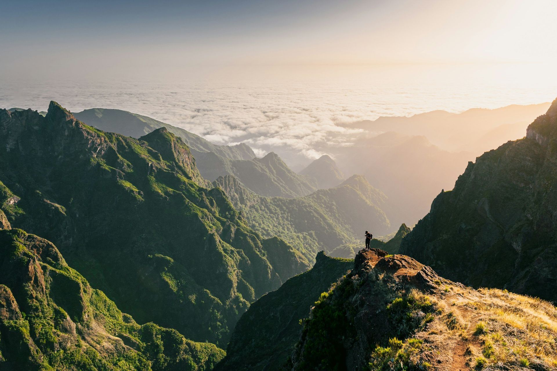 Person standing on a mountain peak, overlooking green peaks and clouds in golden light.