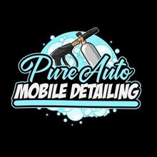 Logo for Pure Auto Mobile Detailing: blue and white text over car wash gun and bubbles on a black background.