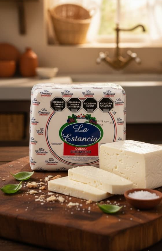 Un paquete de queso La Estancia con queso en rodajas, albahaca y sal sobre una tabla de cortar de madera.