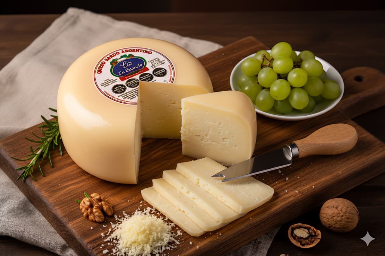 Rueda de queso con porciones cortadas, uvas, nueces y cuchillo de queso sobre una tabla de madera.